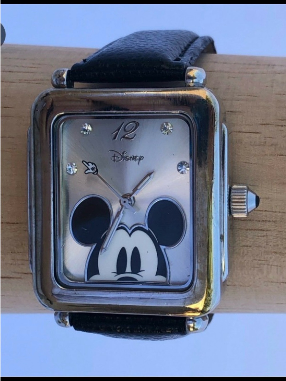 Disney Mickey Mouse Peek A Boo Silver-Tone Watch with Black Leather Strap NWT